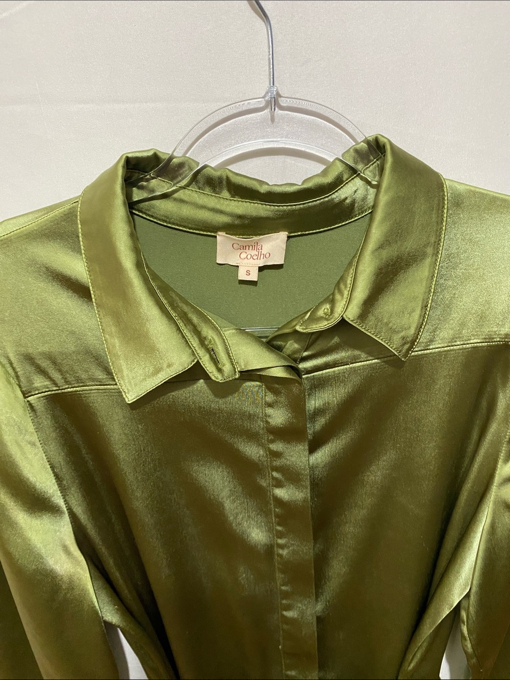 Camila Coelho Olive Green Satin Button-Down Shirt (s)
